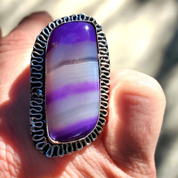Handmade Jewelry - **$15 Sale** New Purple Stripes Agate 925 Silver Ring.